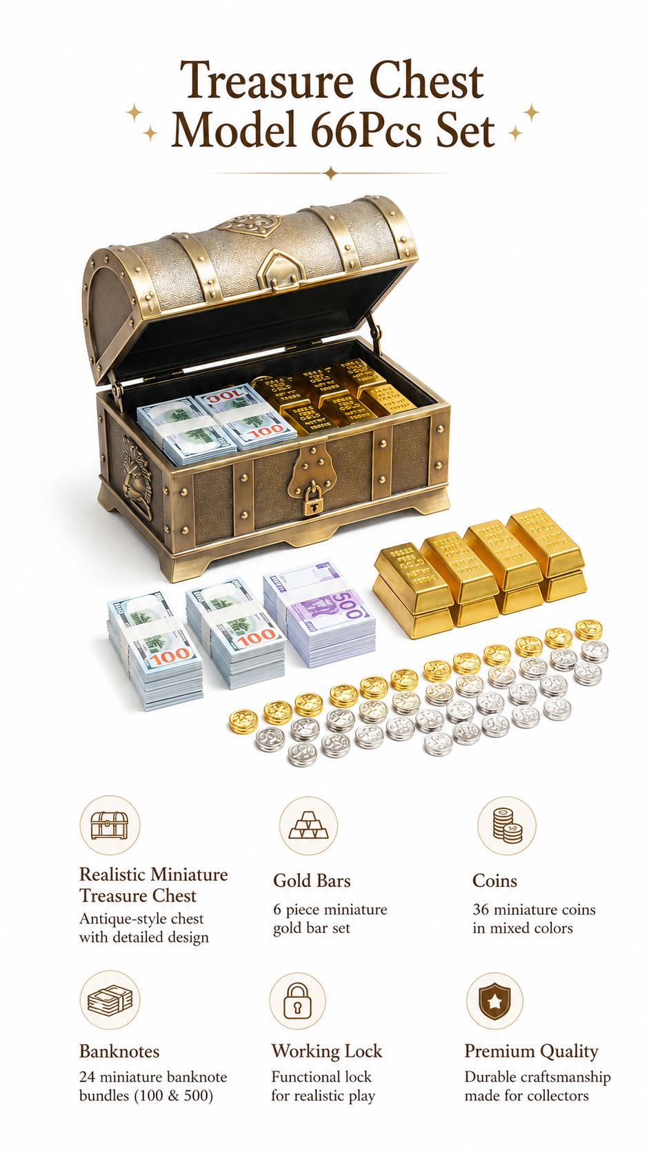 HOMEZEK 1:6 Miniature Treasure Chest Model 66Pcs Set for for Dollhouse and Collectors