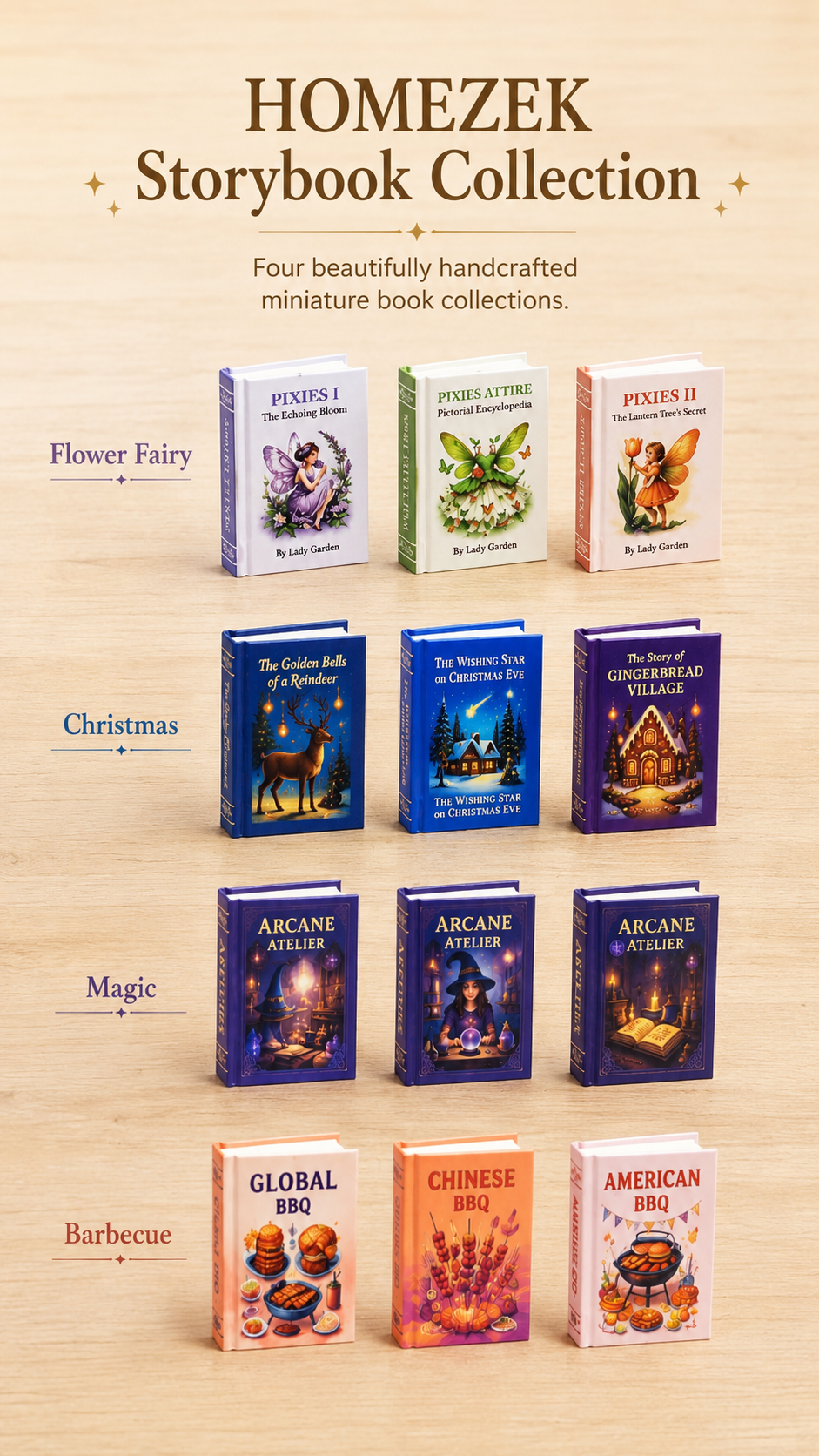 HOMEZEK 4 Combo Set| 1:6 Miniature Storybook Set for Dollhouse and Collectors