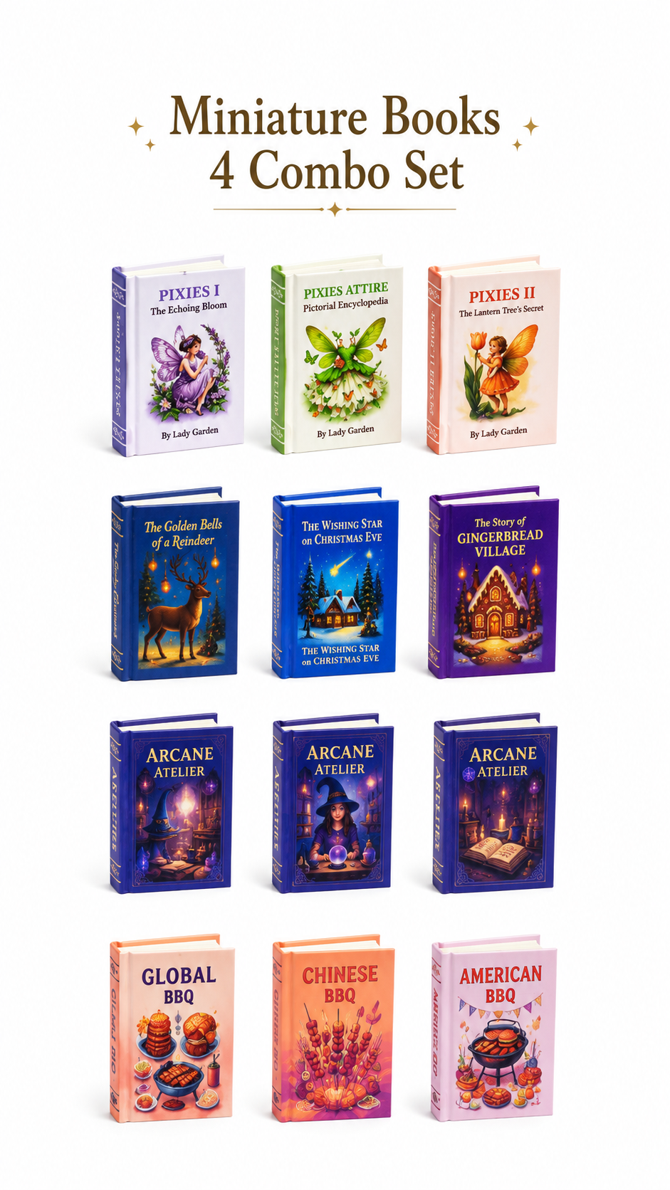 HOMEZEK 4 Combo Set｜ 1:6 Miniature Storybook Set for Dollhouse and Collectors