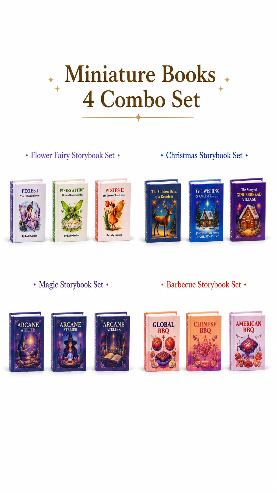 HOMEZEK 4 Combo Set｜ 1:6 Miniature Storybook Set for Dollhouse and Collectors