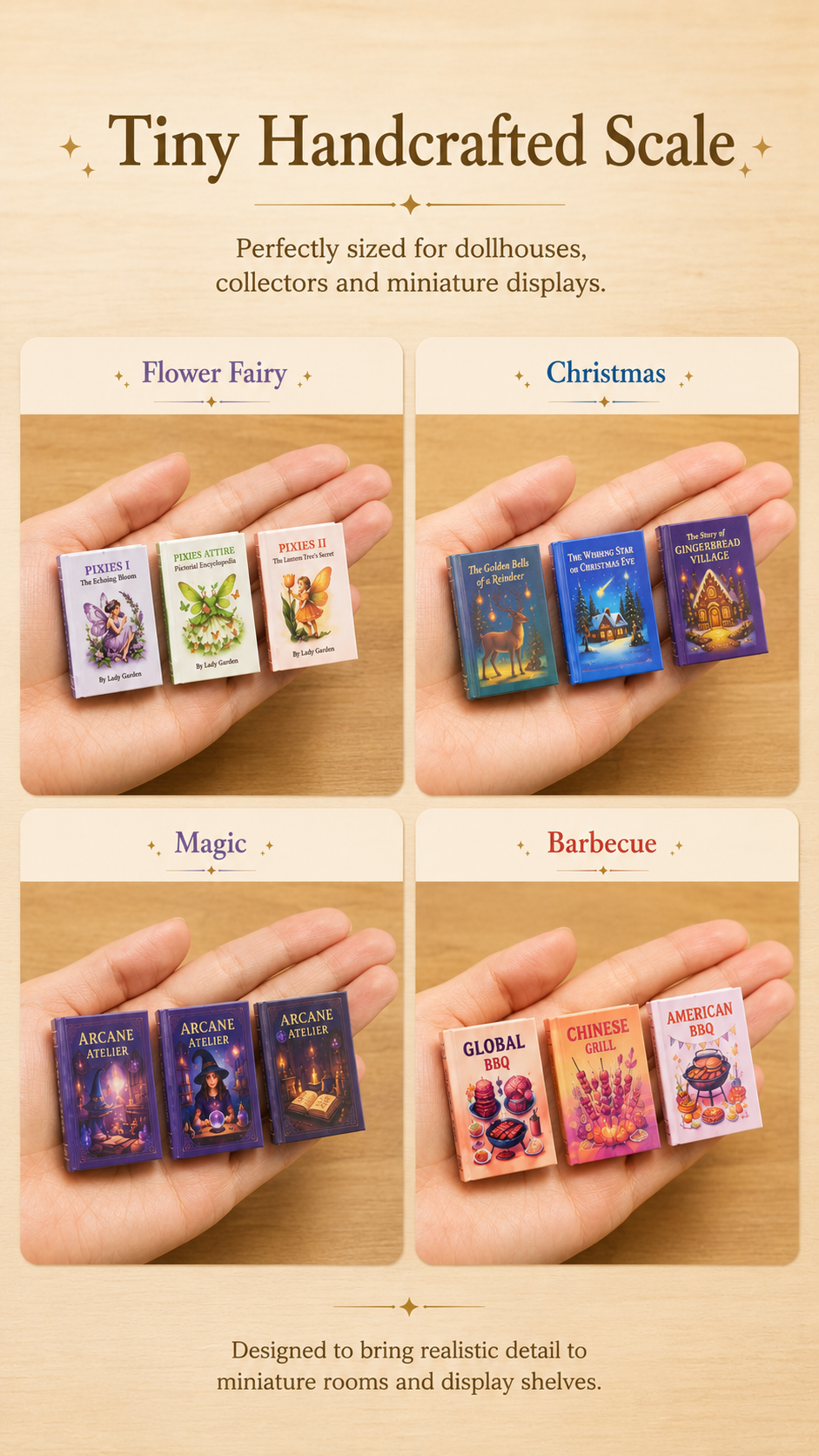 HOMEZEK 4 Combo Set｜ 1:6 Miniature Storybook Set for Dollhouse and Collectors